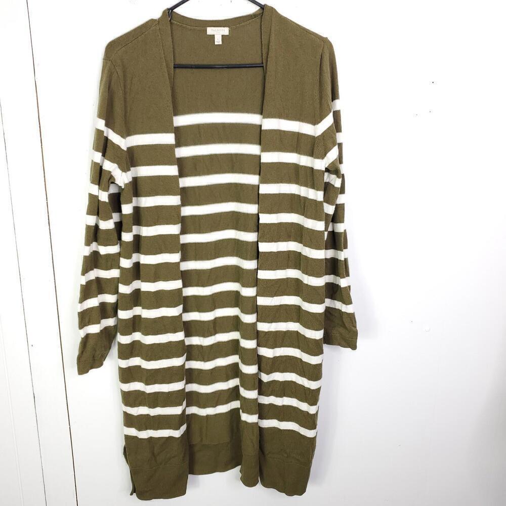 Talbots Sweater Womens Large Striped Olive Longline Career Office Split Hem